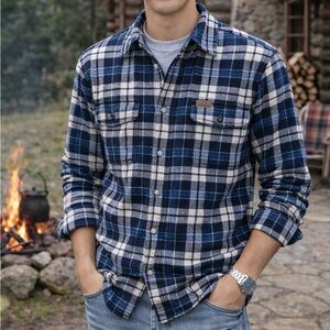 Orvis Blue Green and White Plaid Heavy Flannel Button Down Shirt